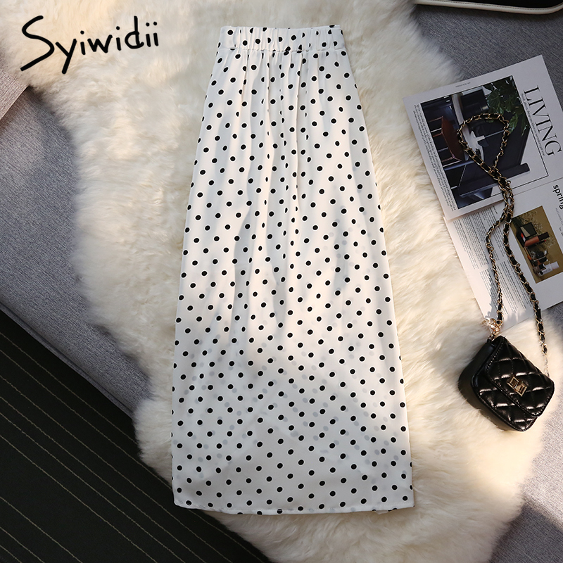 Syiwidii Shirring Side Slit Women's Skirts Polka Dot Print White High Waist Back Elastic Band Elegant Ladies Midi Long Skirt 220317