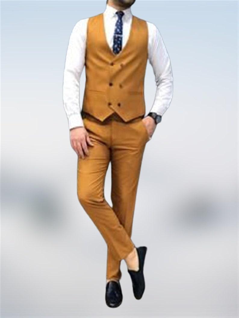 Handsome Mustard Men Suits Wedding Tuxedos 3 Piece Groom Wear One Button Slim Fit Prom Party Blazer Peaked Lapel Groomsmen Dinner Suit Jacket Vest Pan