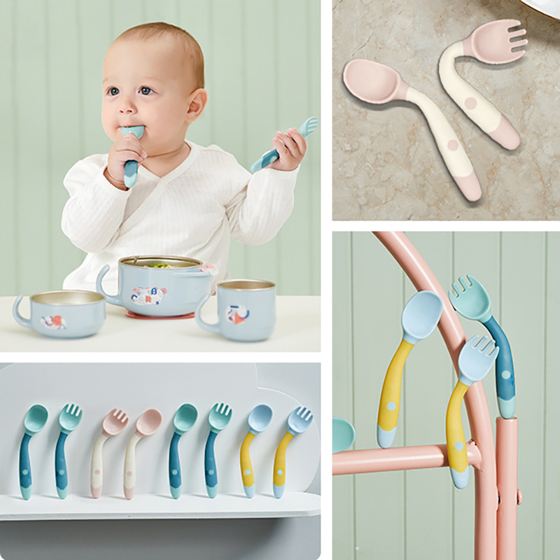 Baby Spoon Fork Utensils Set Kids Bendable Auxiliary Food Infant Learn To Eat Soft Training Tableware Toddler Feeding Spoon 220512