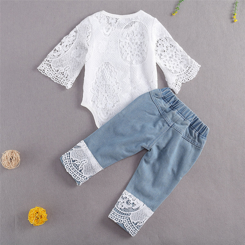 lioraitiin 024M Baby Girls Fall Clothes Sleeve Romper Suit Triangle Crotch Lace Top Hole Long Jeans 2Pcs Outfit 220602