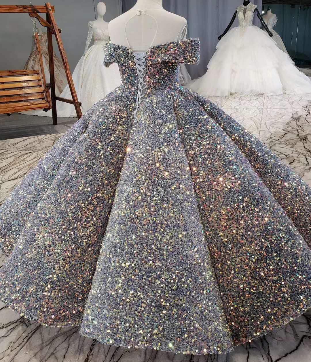 Gold Girls Pageant Dresses Sequined Toddler Ball Gowns off shoulder lace-up Formal Kids Party Gown Flower Girl Dresses for Weddings 2022