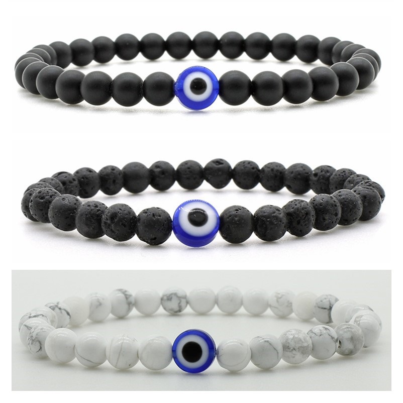 Evil Eye Bracelet 6mm Natural Black Matte Lava Stone Beads Strands Handmade Elasticity Bracelet for Men Women Yoga Reiki Jewelry