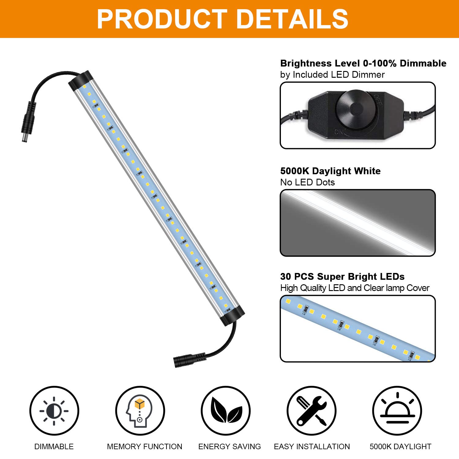 CNSUNWAY LED Cabinet Lights Kit Plug in Corded 12V LED Under Cabinets Lighting Dimmable with Switch for Kitchen Shelf Counter 12 Inches 5000K Daylight