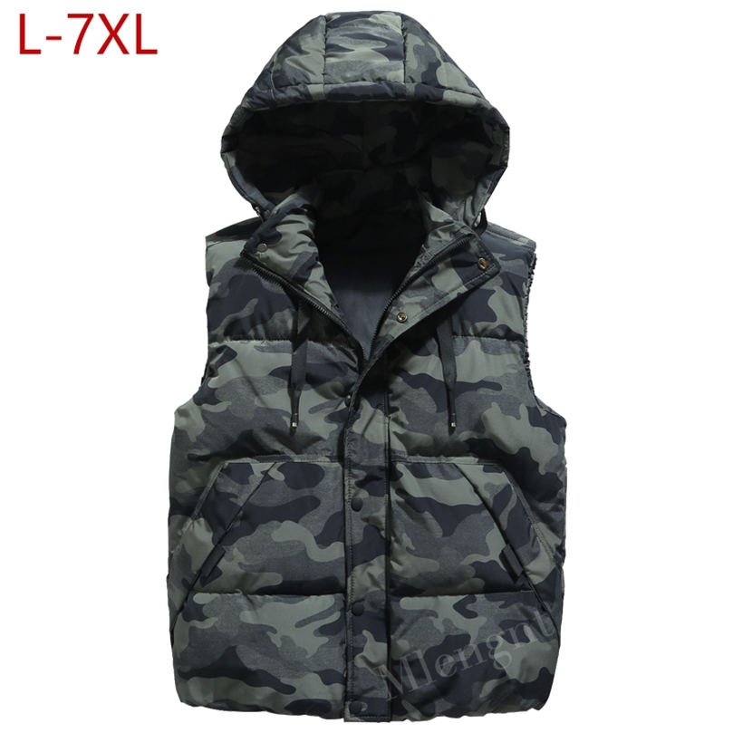 Spring Winter Men Plus Large Size 6xl 7xl Vest Hat Detachable Camouflage Sleeveless Jackets Warm Parka for Men Unisex Waistcoat 201128
