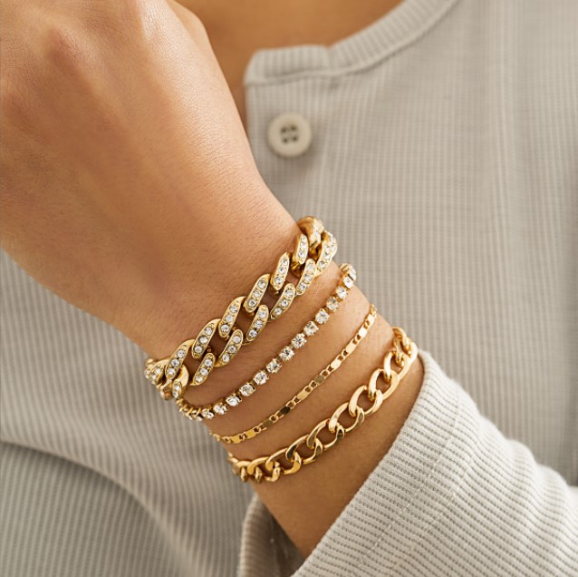 4pcs/set Luxury Bling Diamond Link Bracelet Set Tennis Cuban Bangle Bracelets for Women and Men Adjustable Clear Crystal Chunky Charms Wristband Hand 