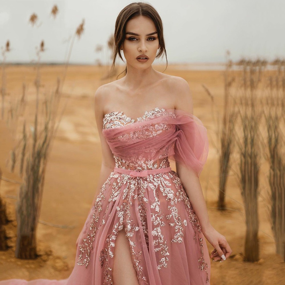 Pink A-Line Sequin Appliques Tulle Prom Evening Dress Sweetheart One Shoulder Straps Formal Gowns Sexy High Slit Party Robe De Soiree Vestidos Noche