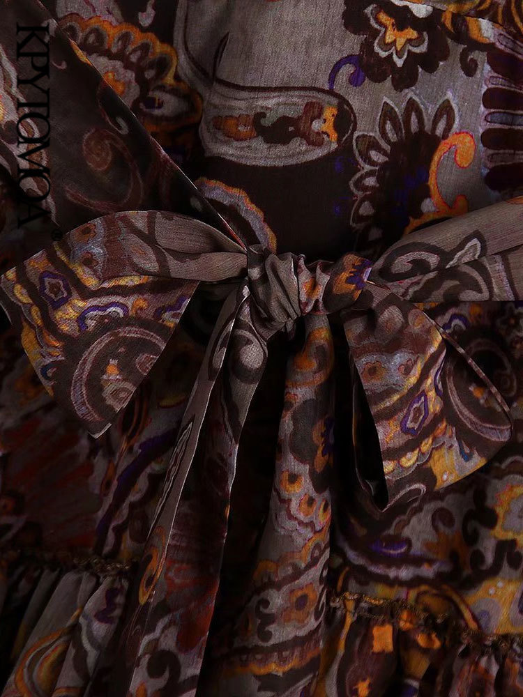 Women Fashion With Belt Paisley Print Mini Dress Vintage Long Sleeve Ruffled Hem Female Dresses Vestidos Mujer 220526