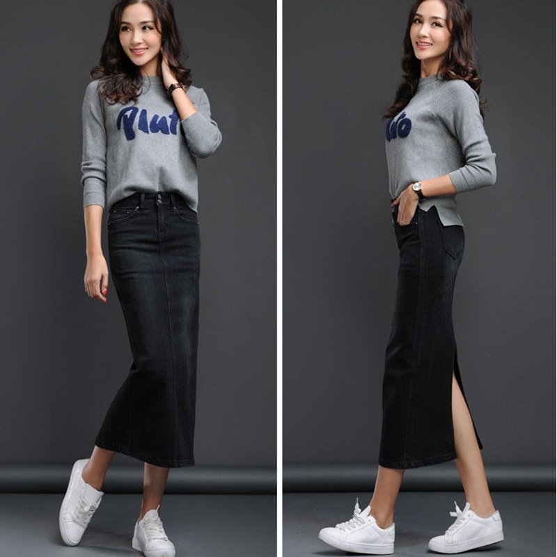 Classic Denim Skirt Women Long Jean Skirt High Waist Pencil Skirt Ladies Stretch Black Blue Faldas Largas Jupe Longue Femme 220427