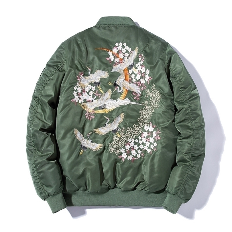 Embroidery Bomber Jacket Men Thin Bird Floral Pilot Jacket Male Japan Harajuku Baseball Jacket Spring Autumn Streetwear T200502