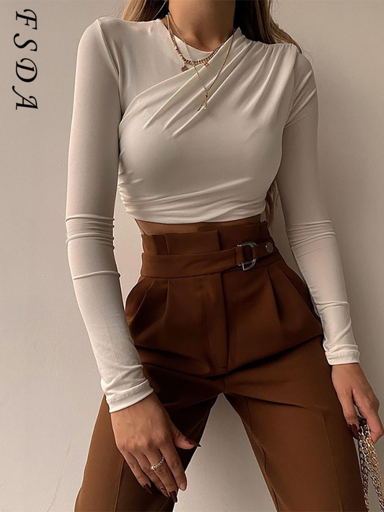 FSDA O Neck Brown Crop Top Women Ruched 90s Y2K Basic Autumn Winter Casual Black Long Sleeve T Shirts Sexy Green 220714