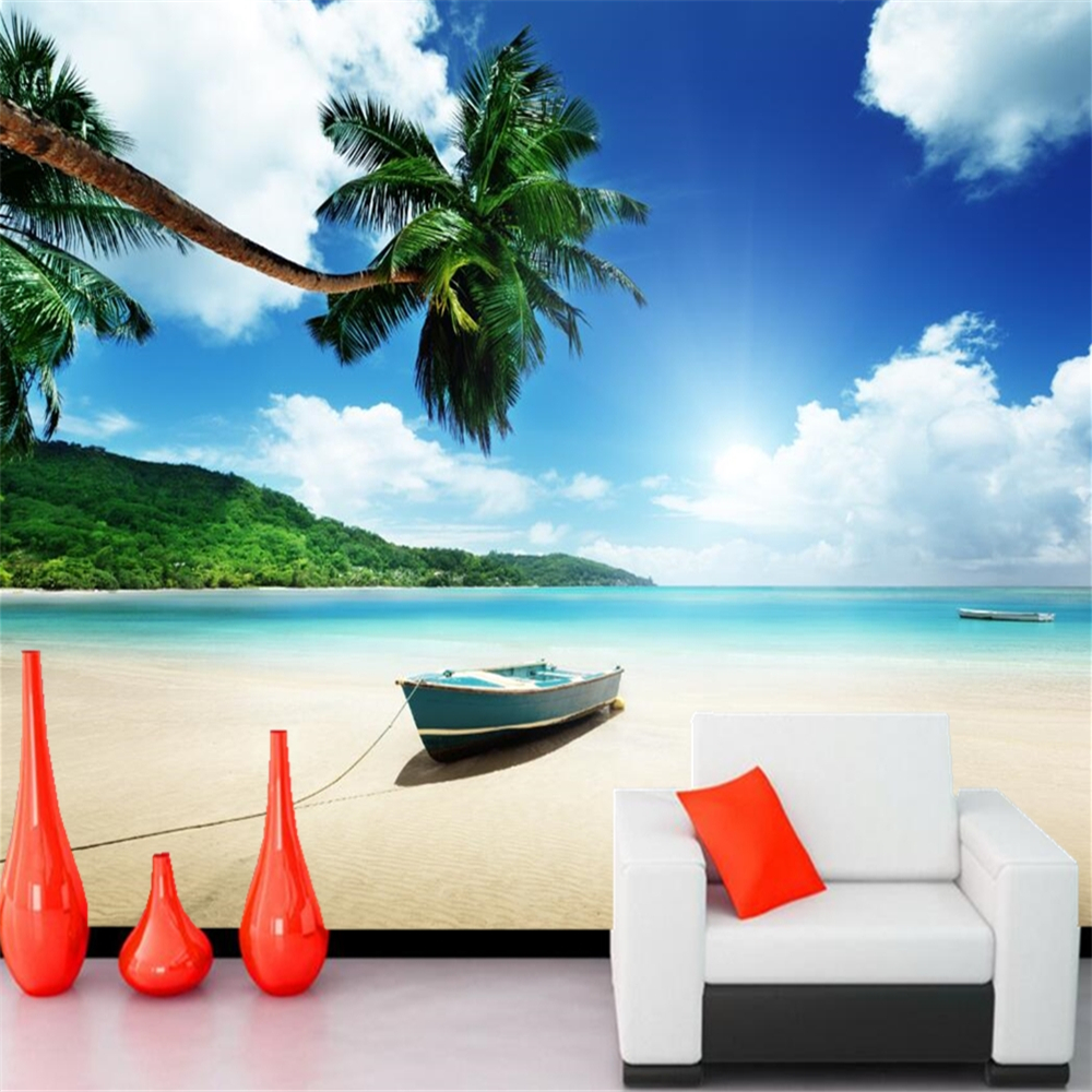 papel de parede Boats Tropics Sky Beach Nature photo palm trees wallpaper sofa TV wall bedroom custom murals