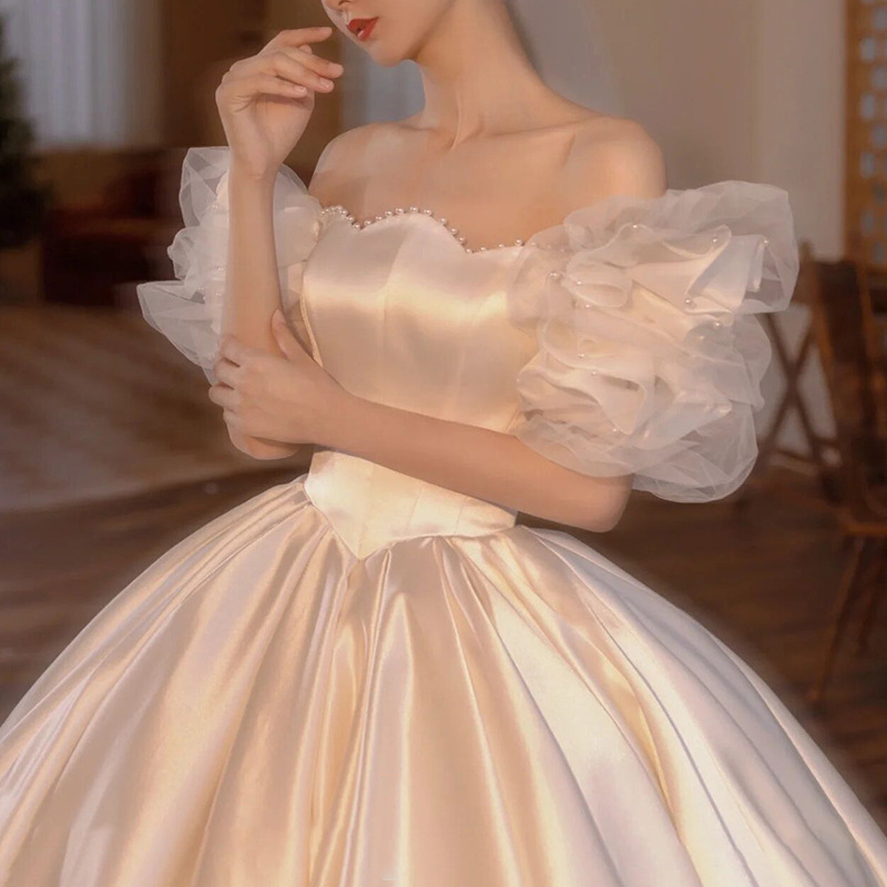 Princess Boho Wedding Dress With Pearls Puff Sleeves Real Picture Ball Gown Soft Satin Country Wedding Dresses For Women Elegant Bohemian Garden Bride