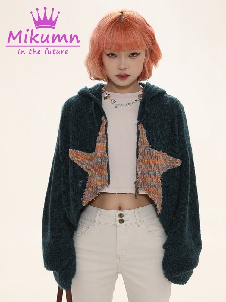 Gothic Sweater Cardigan Women Harajuku Vintage Star Zip Long Sleeve Hooded Short Jacket Spring Autumn Loose Knitwear Top Coat 220817