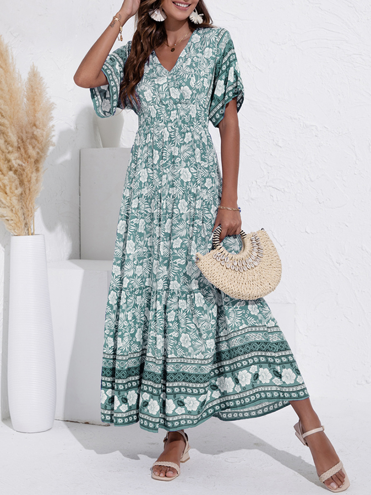 ATUENDO Summer Bohemian Dress for Women Fashion Solid Green Maxi Robe Casual Wedding Guest High Waist Dresses Drop Link 220510