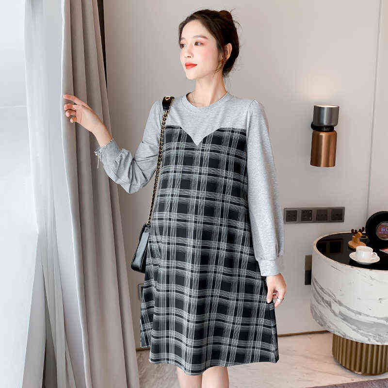 And Autumn Loose Maternity Dress Long Lantern Sleeves Cotton Patchwork Plaid Pregnant Woman Plus Size Dress Clothing J220628