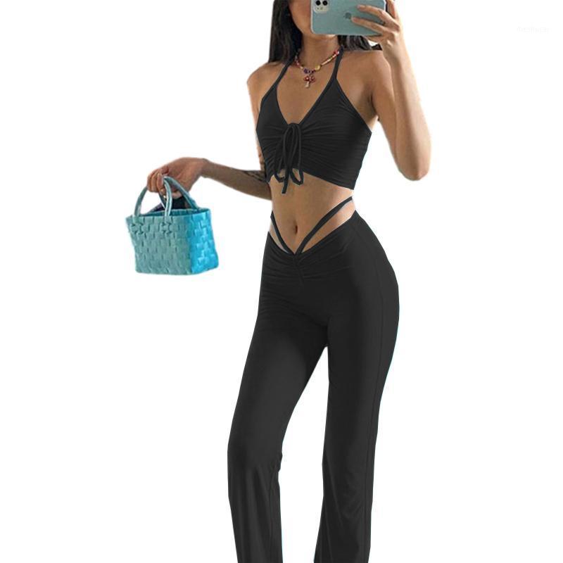 Women' Two Piece Pants Women Solid Color Clothes Set Sleeveless Drawstring Cropped Tops High Waist Flared Trousers, Black
Women' Two Piece Pants Women Solid Color Clothes Set Sleeveless Drawstring Cropped Tops High Waist Flared Trousers, Black