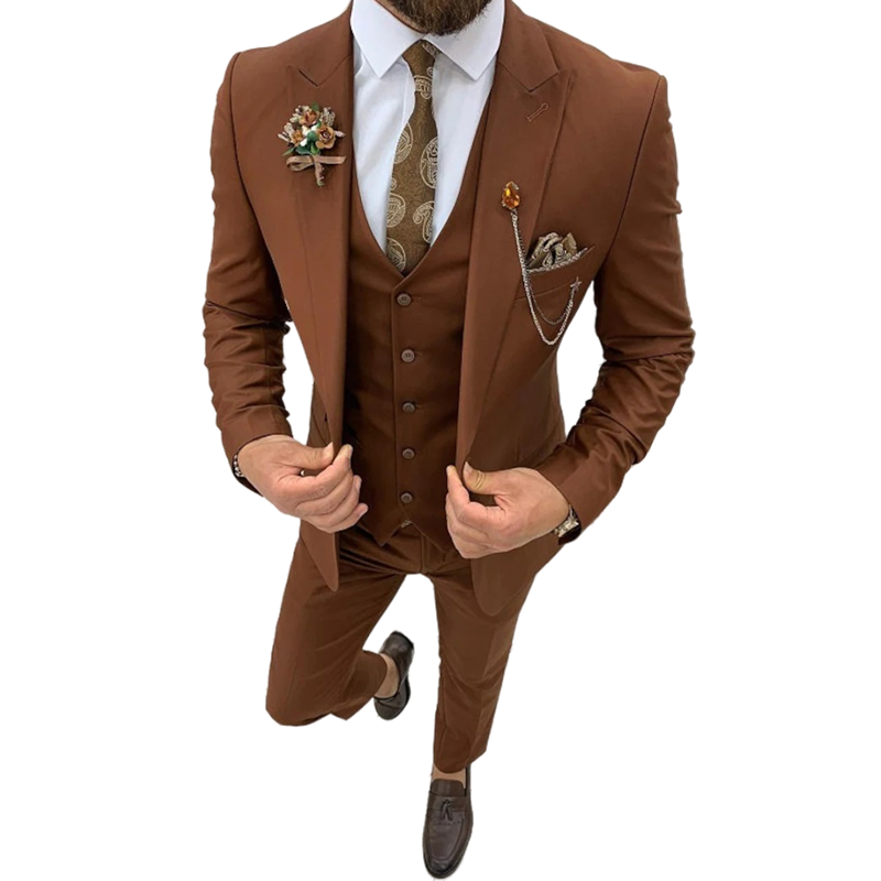 Brown Men Suits 3 Piece One Button Slim Fit Wedding Tuxedos Groom Wear Peaked Lapel Stylish Man Suits Prom Party Blazer Jacket+Pant+Vest