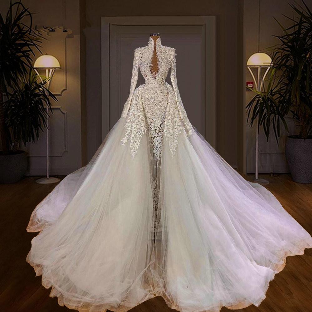 Arabic Aso Ebi Luxury Mermaid Wedding Dresses with Detachable Train High Neck Long Sleeve Lace Pearls Princess Bridal Gown robes de mariée
