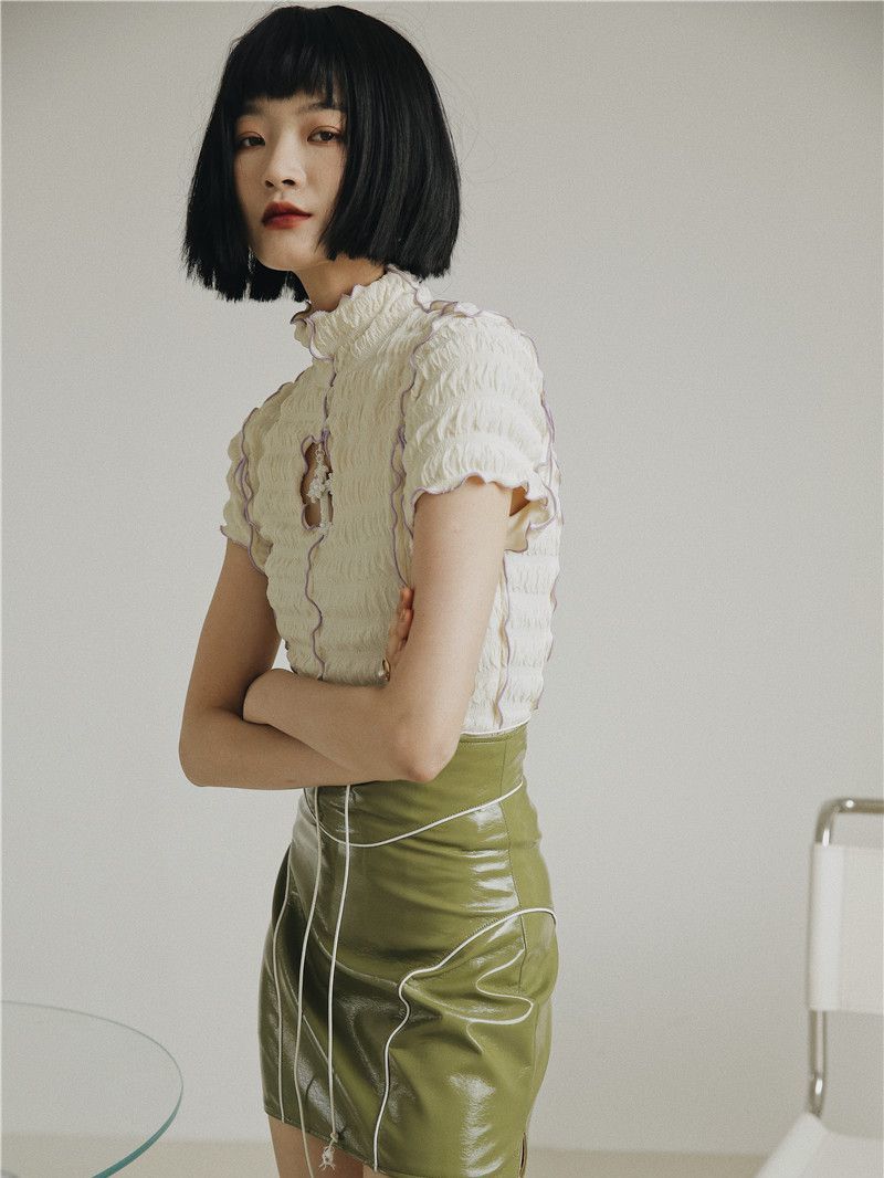 CHEERART Summer Short Sleeve Ruffle Blouse Women Turtleneck Ladies Tops Cut Out Ruched Frilly Top Aesthetic 220527