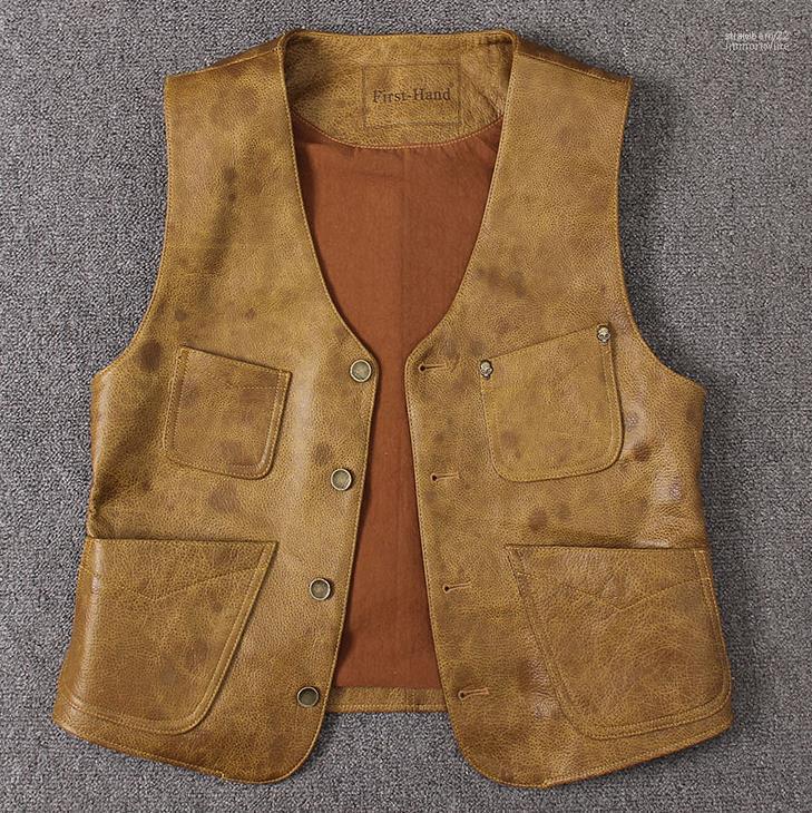 Men' Vests Real Japanese Style Button Genuine Cow Leather Casual Waistcoat Short Slim Vintage Yellow Male Biker Vest Stra22 
Men' Vests Real Japanese Style Button Genuine Cow Leather Casual Waistcoat Short Slim Vintage Yellow Male Biker Vest Stra22