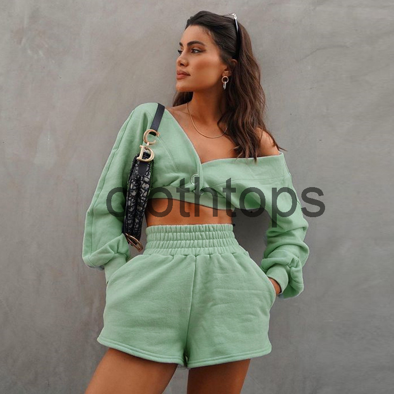 Autumn and winter women's open navel V-neck open shoulder long sleeve sweater sports shorts two-piece set, Mint green
Autumn and winter women's open navel V-neck open shoulder long sleeve sweater sports shorts two-piece set, Mint green