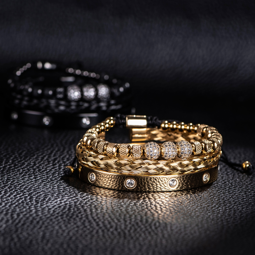 3pcs Luxury Micro Pave CZ Round Beads Royal Charm Men Link Bracelets Stainless Steel Crystals Bangles Couple Handmade Jewelry Gift