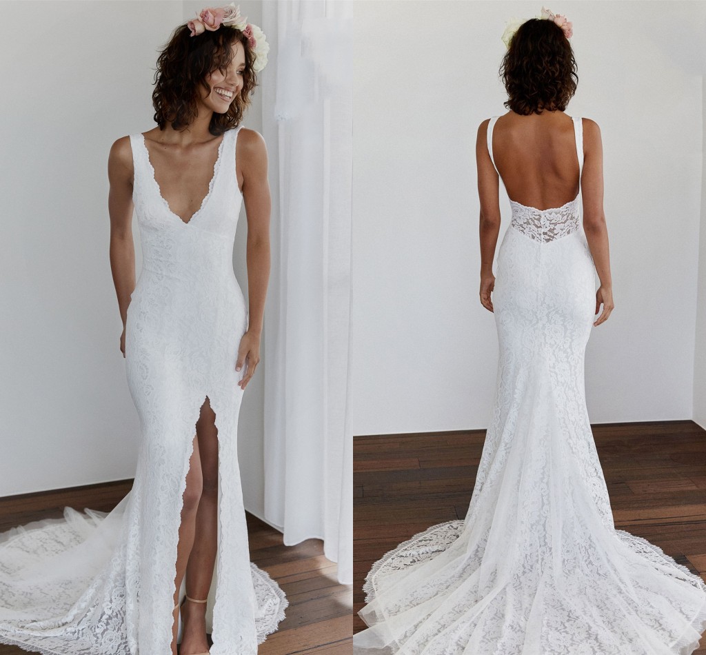 beach mermaid wedding dresses 2022 sexy v-neck backless front slit full lace bohemian summer holiday bridal dress vestidos de novia encaje