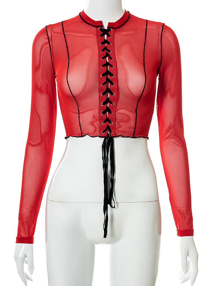 Goth Dark Mesh Sexy Transprent Gothic Cropped Tops Grunge Red Women Long Sleeve Bandage T shirts Punk Bodycon Patchwork Clothes 220714