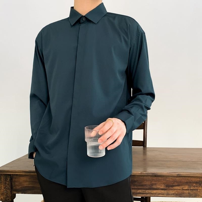 Korean Fashion Drape Shirts for Men Solid Color Long Sleeve Ice Silk Smart Casual Comfortable Button Up Shirt 220322