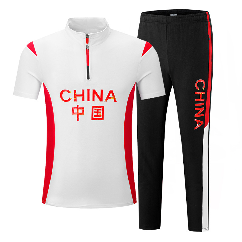 Men's Tracksuits Summer Athletes Running Jacket + Pants Chinese Team Sportswear Cotton Martial Arts Student Short Sleeve Top Unisex Training Suit