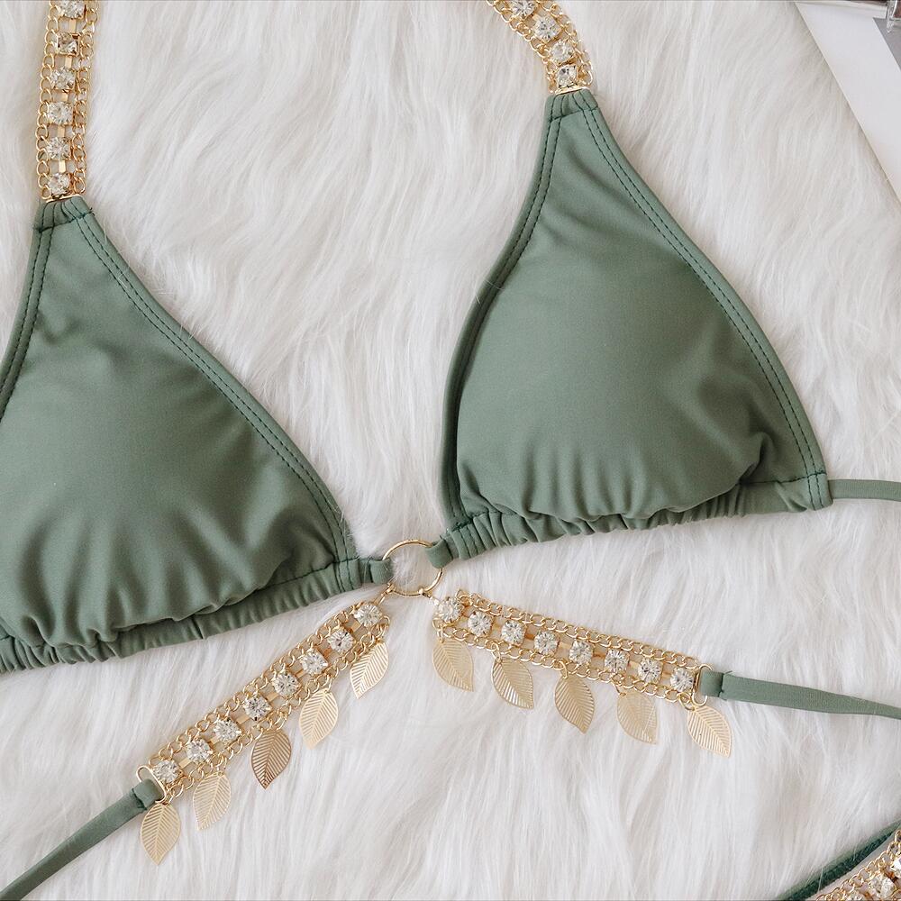 Sexy Mini Bikini Tie Dye Swimwear Women Metal Chain Patchwork Bathing suit Triangle Bikinis New Swimsuit Brazilian biquinis