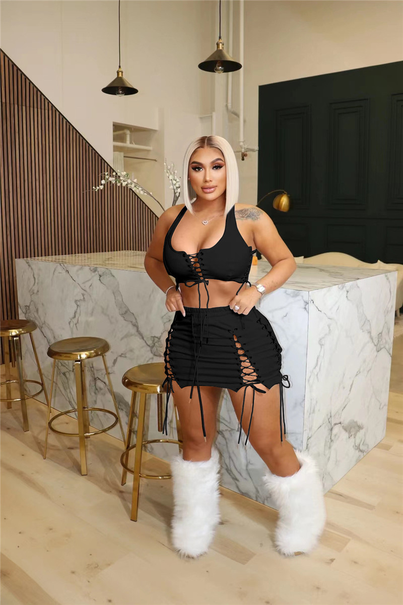 New Wholesale Sexy Women Dress Sets Summer Skirt Suits Sexy V neck Bandage Crop Top+hollow Out Mini Skirt Matching Set Night Club Wear Bulk 7339