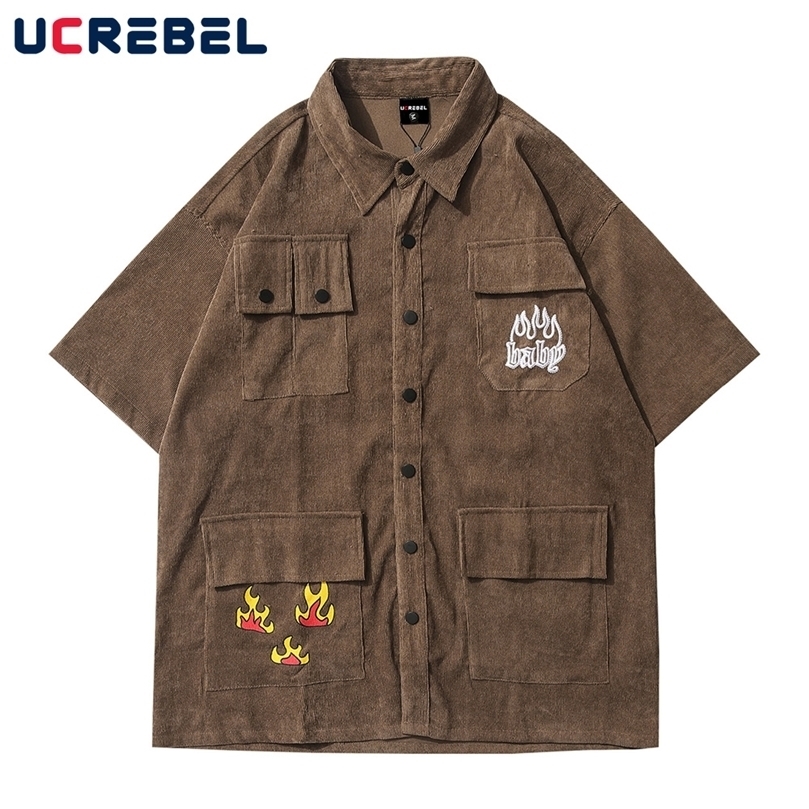 Flame Embroidery Corduroy Short Sleeve Shirt Mens Summer Streetwear MultiPocket HalfSleeve Casual Loose Lapel Shirts Men 220527, Black
Flame Embroidery Corduroy Short Sleeve Shirt Mens Summer Streetwear MultiPocket HalfSleeve Casual Loose Lapel Shirts Men 220527, Black