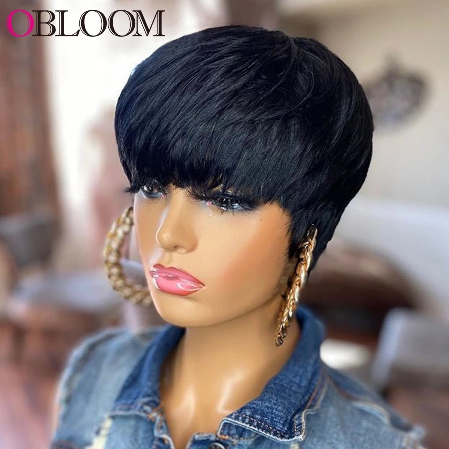 Free shipping Short Pixie Cut Peruvian Human Hair Wigs with Bangs Ombre Blonde 180 Density None Lace Front Wig Glueless for Black Women