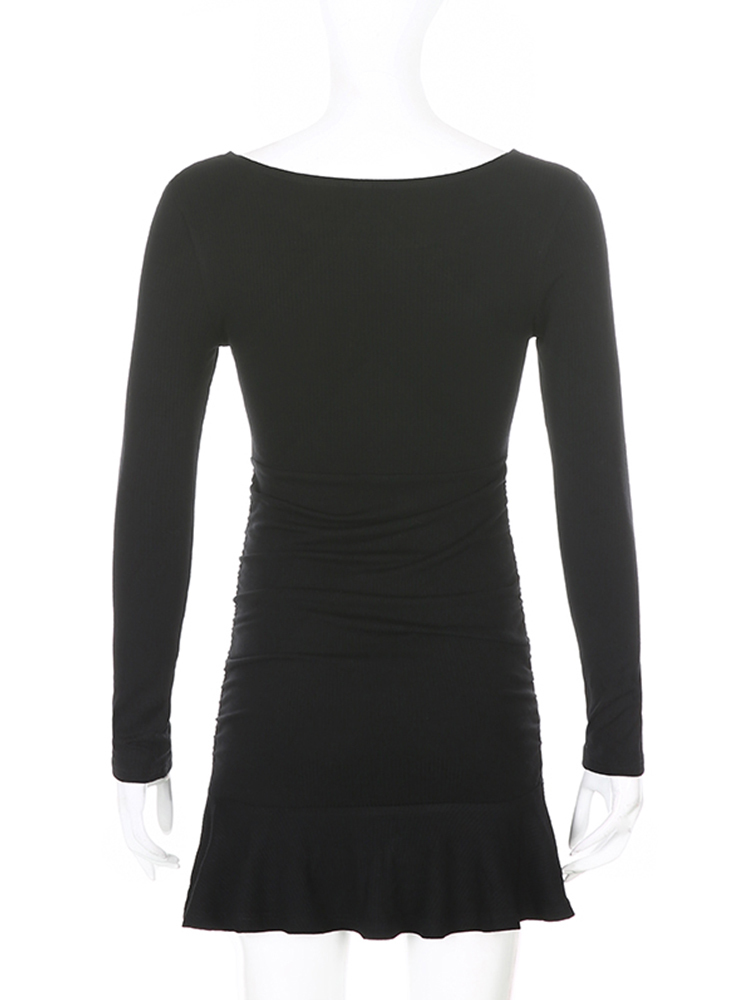 Sweetown Black Knitted Ribbed Midi Dresses For Women V Neck Elegant Korean Clothes Long Sleeve Ruffles Bodycon Dresses Autumn 220406