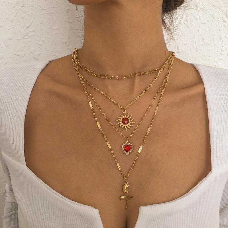 Pendant Necklaces Retro Sun Love Flower Multi-Layer Necklace Fashion Rubies Inlaid Long Lock Bone Strand Ladies Elegant AccessoriesPendant