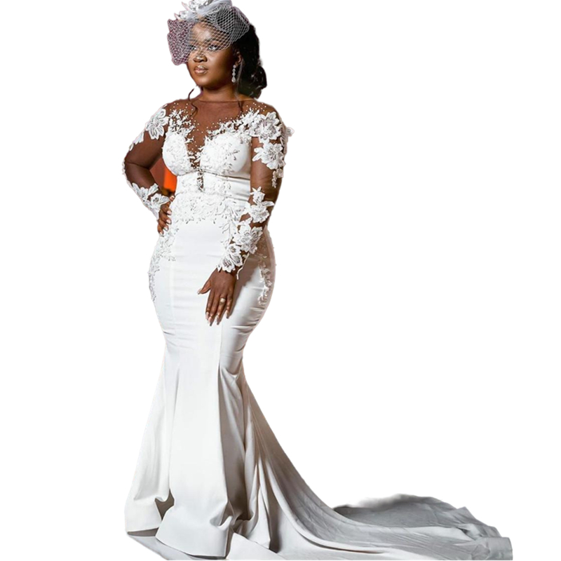 Gorgeous African Long Sleeve Trumpet Wedding Dress Floral Lace Appliques Pearls Beaded Ivory Bridal Gowns Court Train Plus Size Mermaid Wedding Dresse