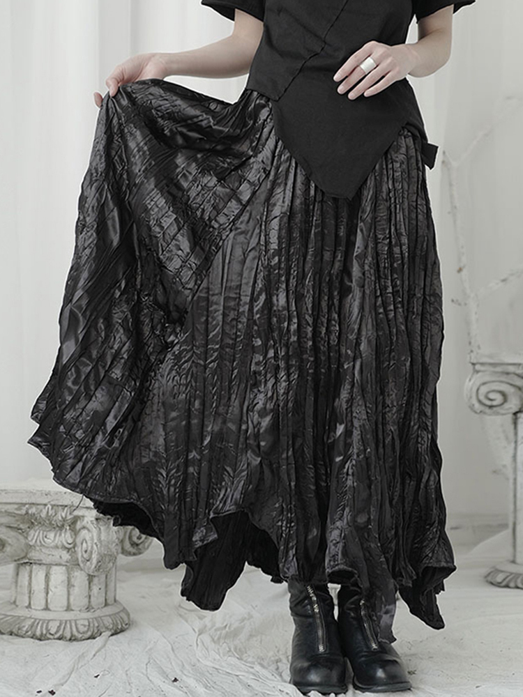 [EAM] High Elastic Waist Black Pleated Irregular Long Temperament Half-body Skirt Women Fashion Spring Autumn 1U965 220317