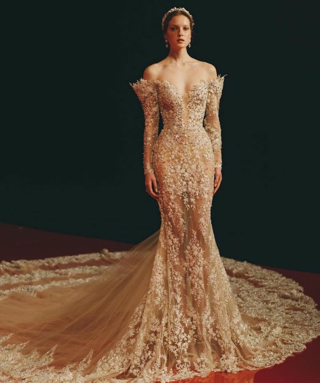 Gold Mermaid Wedding Dress With Long Sleeve Beads Applique Strapless Organza Formal Occasion Custom Made Tulle Floor-length