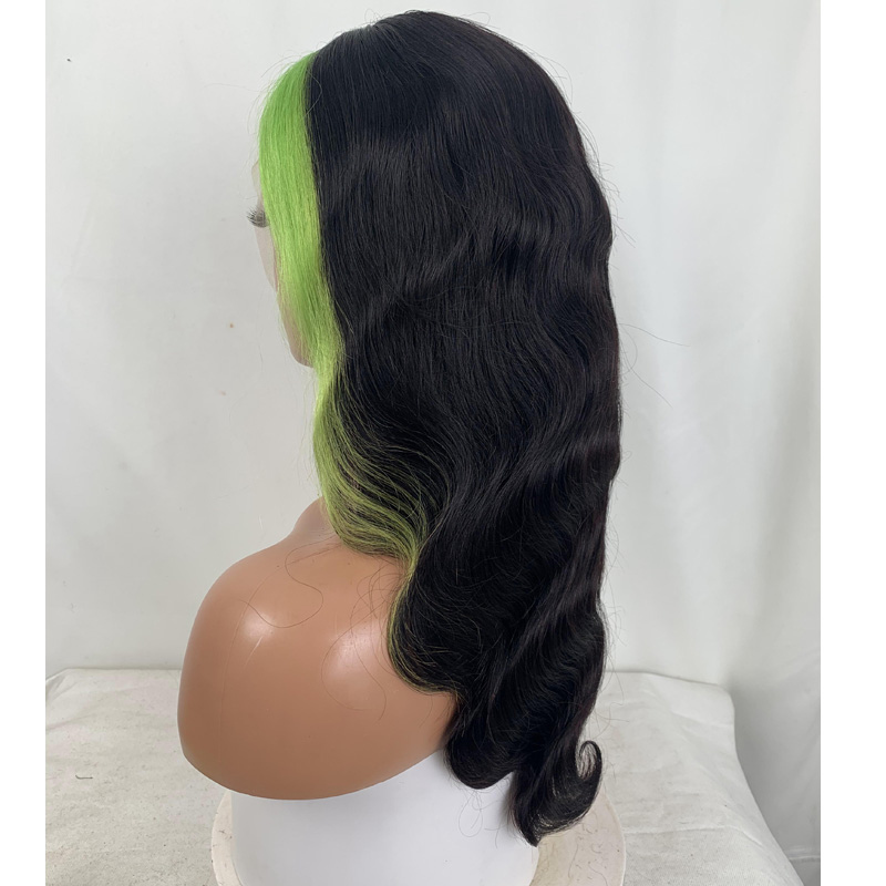 Brazilian Human Hair 13X4 Lace Front Wig Body Wave 1B Highlights Two Strands Green 12-32inch 180% Density 210% Density