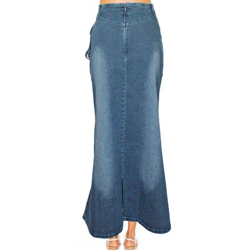 Vintage Women Jeans Long Skirt Gothic Fashion Casual Denim Back Slit Elastic Pull on Slim Pleated 220322