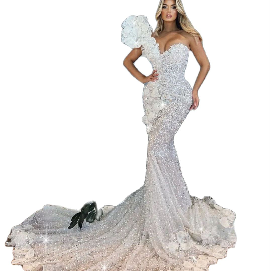 Luxury Beads Mermaid Wedding Dress Sparkly Hand Made Flowers One Shoulder Design Bride Gowns Illusion Backless Custom Made robes de