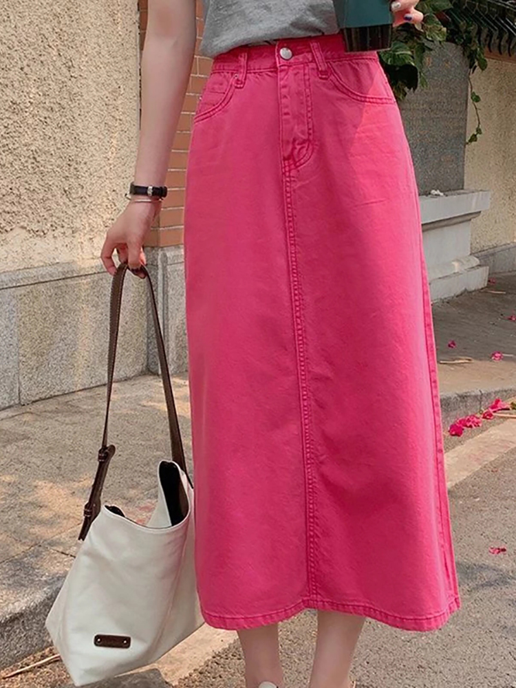 Luck A Fashion Retro Long Summer Spring Denim Skirts Girls High Waist Button Pockets Split Jeans Straight Maxi 220317