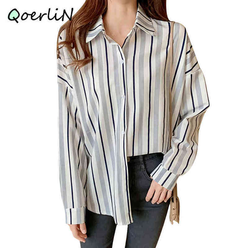 2XL Korean Large Size Vertical Striped Shirt Women Spring Autumn Retro Long Sleeve Work Shirt Elegant OL Blusa Plus Size 210412