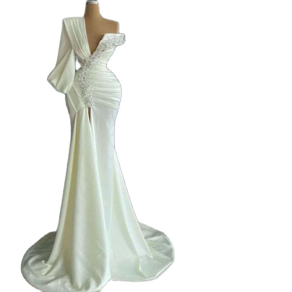 Charming Mermaid Wedding Dresses Hand Made Lace Flower One Shoulder Long Sleeve Bridal Gowns Robe de Custom Made