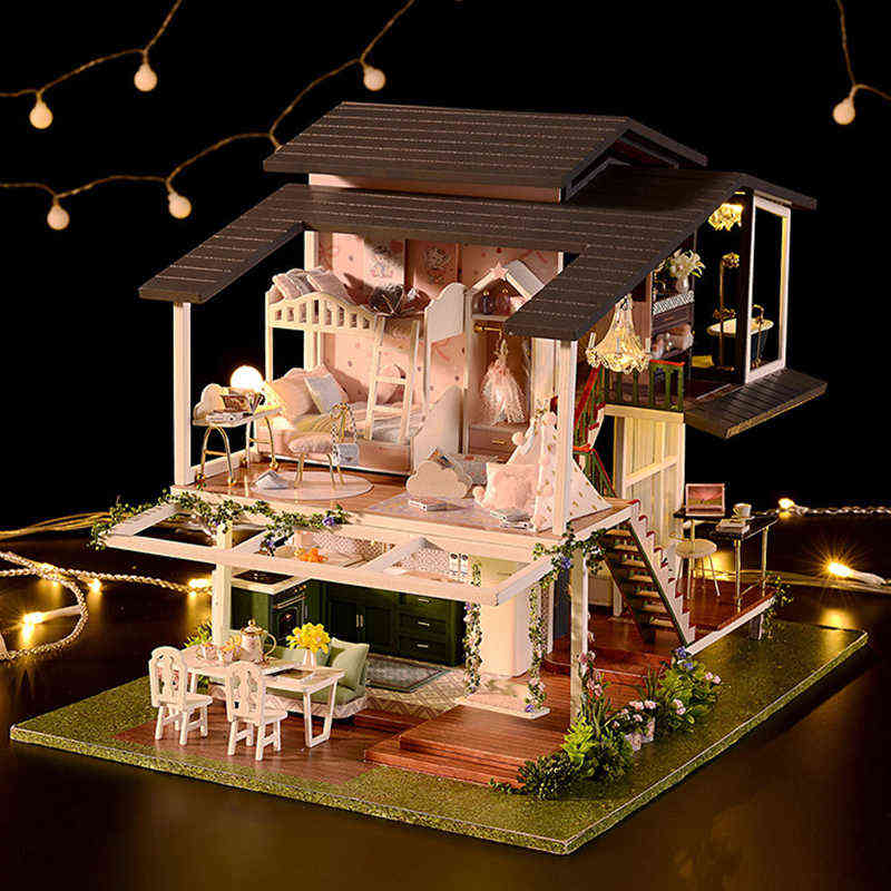 Big Doll House Furniture Miniature Building Kits Diy Dollhouse Kit Roombox Villa Garden Wood Houses Toy For Children Adult Gifts AA220325