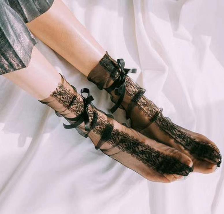 Women's See Through Mesh Loose Socks Lace Transparent Sheer Slouch Lace-up Sexy Socks Teen Girls Ankle Hosiery Black White