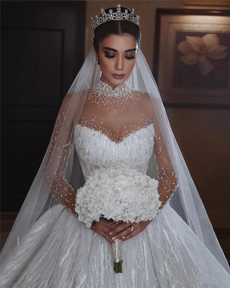 Vestido novia 2022 Princess Luxury Wedding Dress Beaded High Neck Illusion Long Sleeve Puffy Skirt Arabic Bridal Gown
