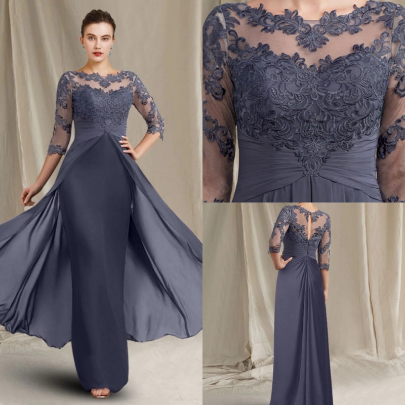 2025 Gray Vintage Purple Mother of Bride Dress Jewel Lace Appliques Half Sleeves Godmother Wedding Party Gowns