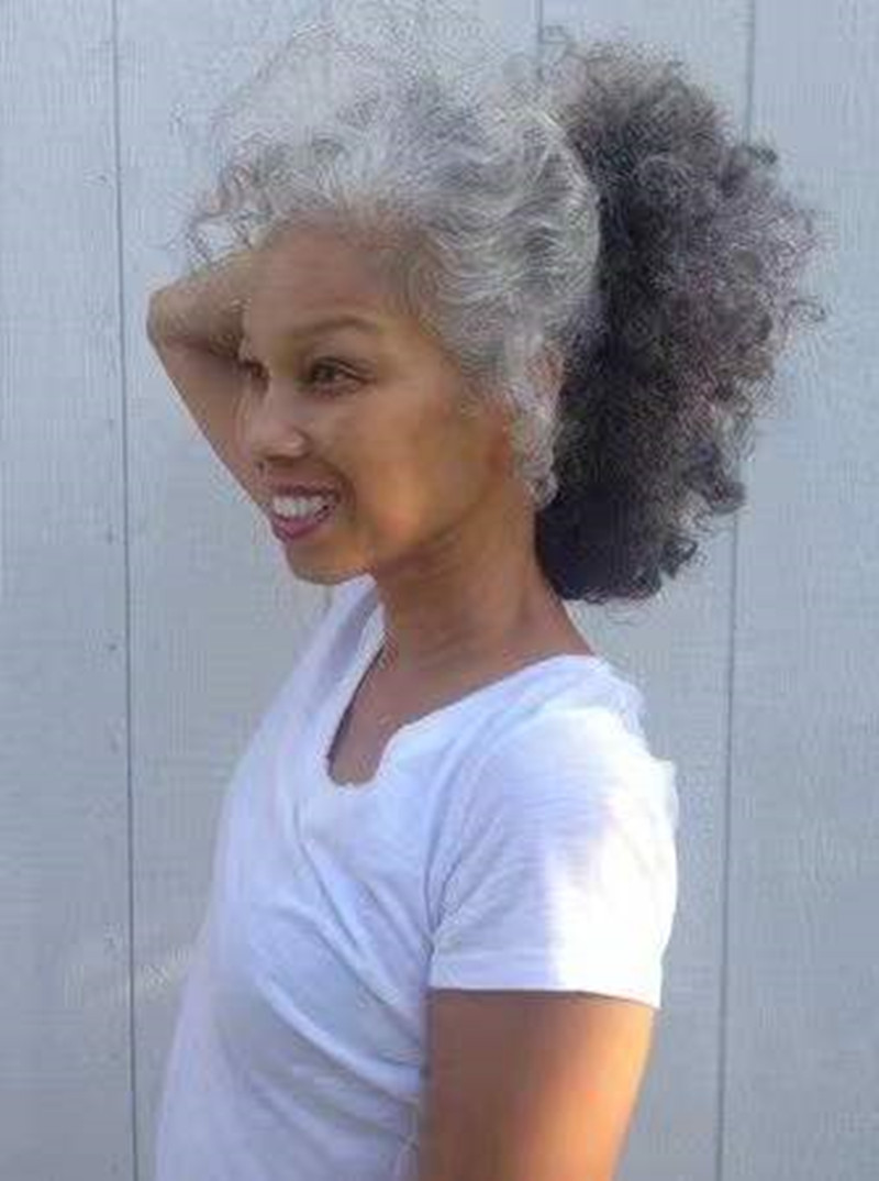 With salt and pepper drawstring gray ponytail human hair extension afro kinky curly puff bun updo silver grey natural highlights pony tail hair piece 